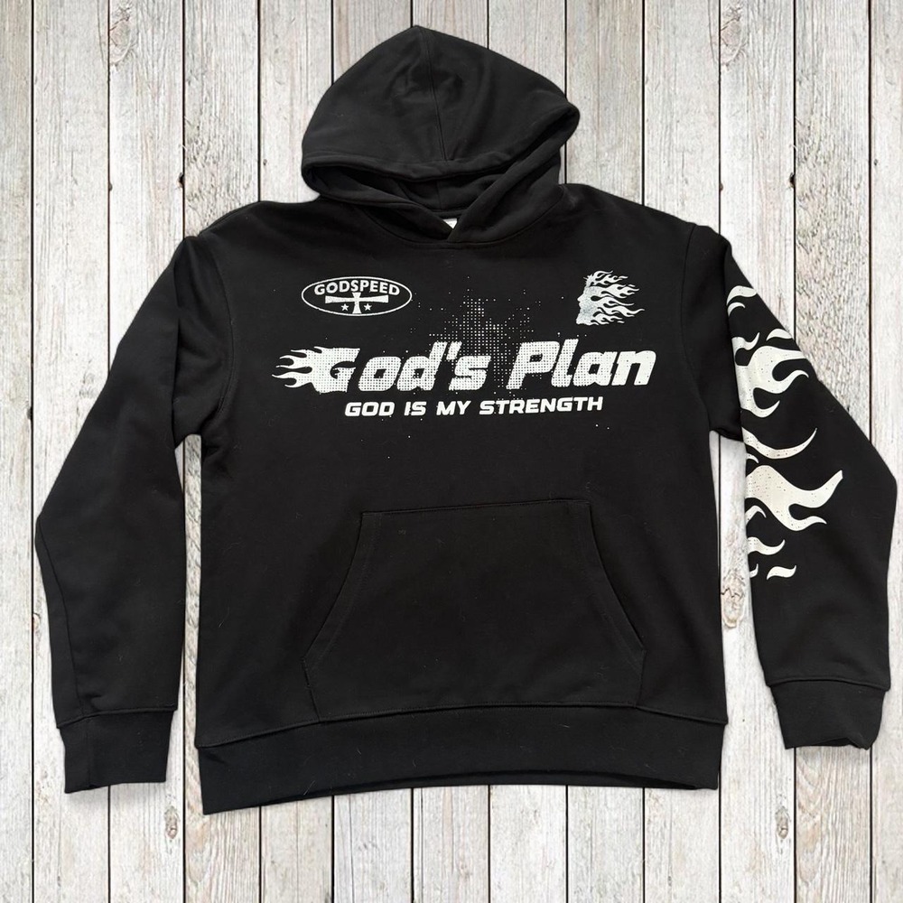 Popularlogo Mens God's Plan Graphic Hoodie Black Christian Streetwear Small